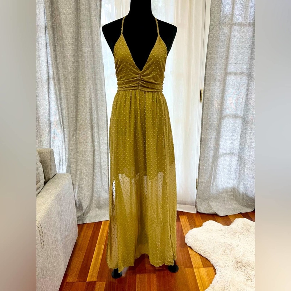 Anthropologie Gold Double Slit Maxi Dress